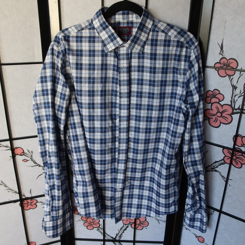 UNTUCKit Plaid Checkered Blue White Button Down Dress Shirt Size Medium